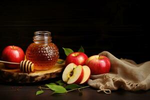 honung i en burk, äpplen och honung dipper på trä- bakgrund, äpple och honung, traditionell mat av jewish ny år rosh hashana. kopia Plats bakgrund, ai genererad foto
