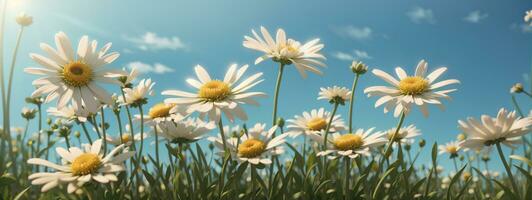 vild daisy i de gräs med en blå himmel. ai genererad foto