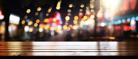 generativ ai. en mysigt natt ut en trä- tabell i främre av en neonbelyst restaurang foto