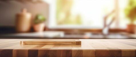 generativ ai. minimalistisk elegans tömma trä- tabell i kök med suddig bakgrund foto