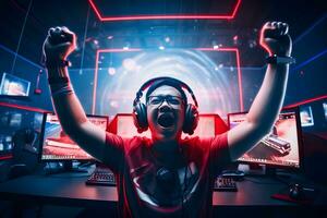 generativ ai. gaming ära professionell esports gamer firar i röd blå upplyst spel rum foto