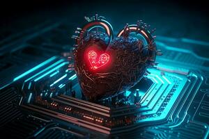 generativ ai. digital kärlek röd hjärtformade dator krets styrelse foto
