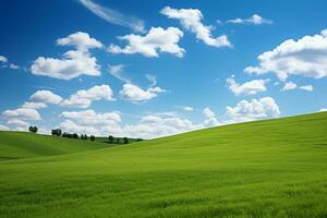 naturlig scen skön grön kulle med blå himmel. generativ ai. foto