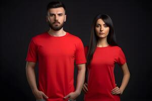 generativ ai. tom röd t-shirt attrapp på manlig och kvinna modell monter din mönster i stil foto