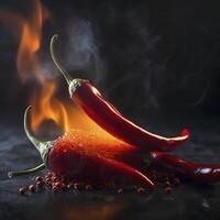 kryddad chili paprikor den där packa en stansa. de brinnande känsla av kryddad mat och kryddor är symboliseras förbi en färsk röd chili peppar i lågor. ai genererad. foto