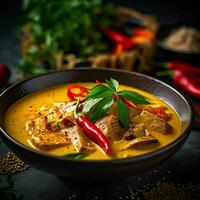 thai mat gul curry i vit skål. på de tabell. generativ ai. foto