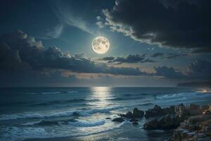 romantisk och naturskön panorama med full måne på hav till natt. ai genererad foto