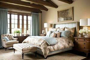 sovrum dekor, interiör design och Semester uthyrning, klassisk säng med elegant plysch strö och möbel, engelsk Land hus och stuga stil foto