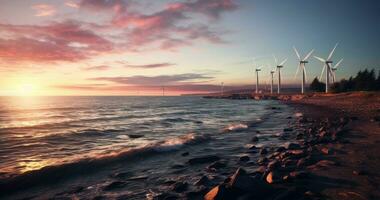 en vind bruka på en havsstrand på solnedgång foto