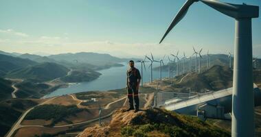 en ingenjör stående på topp av en vind turbin foto