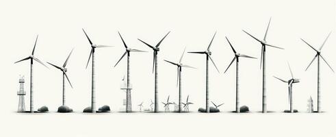 en uppsättning av vind turbiner är avbildad på en vit bakgrund foto