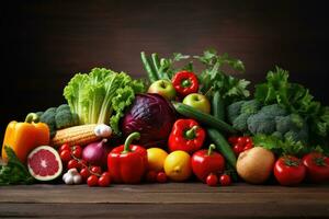 sammansättning med mängd av rå organisk grönsaker på trä- tabell. balanserad diet, sortiment av färsk organisk frukt och grönsaker, ai genererad foto