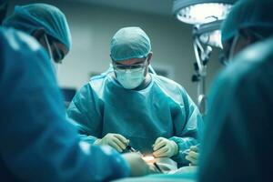 kirurger team utför kirurgisk drift i rörelse rum. generativ ai foto