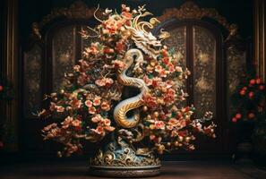 jul träd dekorerad i de stil av de år av de drake foto