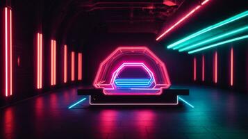 3d framställa. geometrisk figur i neon ljus mot en mörk tunnel. laser glöd.. ai genererad foto