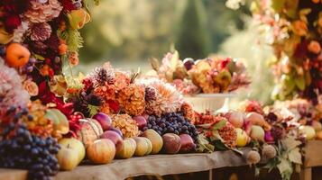 Land liv, frukt trädgård och blommig dekor, höstlig blommor och höst frukt skörda firande, Land stuga stil, generativ ai foto