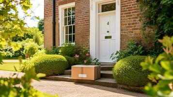 post service, Hem leverans och uppkopplad handla, paket låda på en hus tröskel i de landsbygden, generativ ai foto