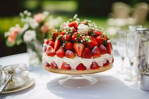 jordgubb kaka för bröllop, födelsedag och fest firande, Semester efterrätt händelse mat catering, Land stuga stil, generativ ai foto