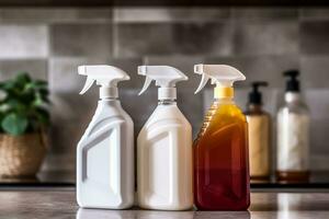 Hem rengöring, hushållning och hemmakt, flytande tvål, rengöring produkt flaska, rengöringsmedel spray och rengöringsmedel i de engelsk Land hus, rena Hem foto