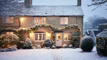 jul i de landsbygden, stuga och trädgård dekorerad för högtider på en snöig vinter- kväll med snö och Semester lampor, engelsk Land styling foto