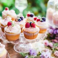 cupcakes, kakor, scones och muffins och Semester dekoration utomhus på de engelsk Land stil trädgård, ljuv desserter för bröllop, födelsedag eller fest firande, generativ ai foto