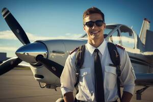 manlig pilot stående nära privat jet i flygplats. generativ ai foto