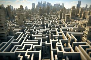 stad som labyrint med gator och hög stigande byggnader. generativ ai foto