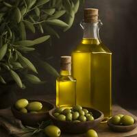 Foto oliver och oliv olja i flaska närbild med oliv gren förbi ai genererad