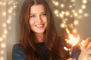 Semester magi, jul och ny år firande, Lycklig kvinna med sparklers foto