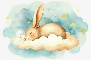 vattenfärg sovande kanin på moln. generera ai foto