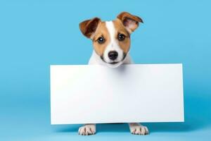 hund innehav en tom tecken styrelse på en blå bakgrund ai generativ foto
