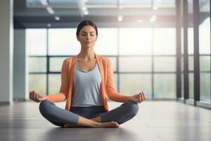 skön ung lady Sammanträde nära fönster göra yoga övningar medling ai generativ foto