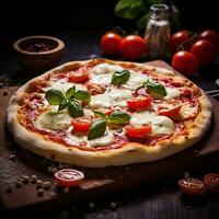 en skiva av italiensk pizza med mozzarella ost Krispig på de tabell foto