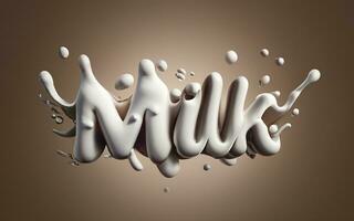 3d bild, de inskrift mjölk, volumetriska brev med stänk och droppar av mjölk foto