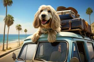 cockerspaniel spaniel på de tak av en bil med resväskor, söt hund på tillbaka av bil redo för resa, ai genererad foto