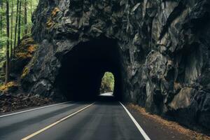 ingång till bil tunnel i klippig berg. generativ ai foto