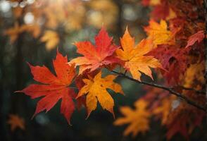 färgrik höst lönn löv på en träd gren. ai genererad foto