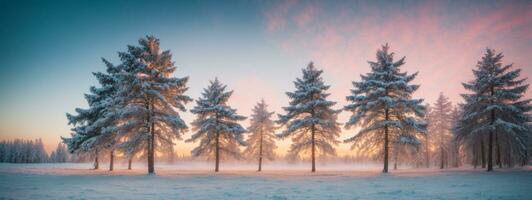 tall träd täckt med snö på frostig kväll. skön vinter- panorama. ai genererad foto