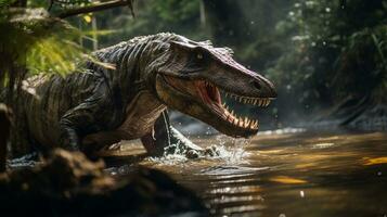 Foto av spinosaurus rex i de djungel. generativ ai