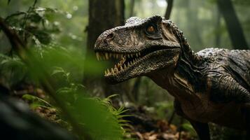 Foto av velociraptor rex i de djungel. generativ ai