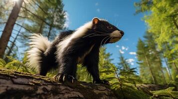 Foto av skunk i ther skog med blå himmel. generativ ai