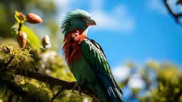 Foto av quetzal i ther skog med blå himmel. generativ ai