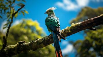 Foto av quetzal i ther skog med blå himmel. generativ ai