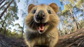 Foto av Quokka i ther skog med blå himmel. generativ ai