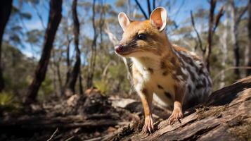 Foto av quoll i ther skog med blå himmel. generativ ai