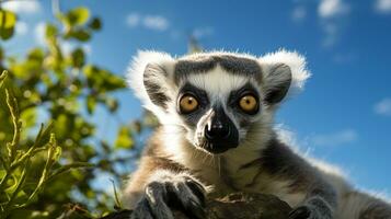 Foto av lemur i ther skog med blå himmel. generativ ai