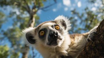 Foto av lemur i ther skog med blå himmel. generativ ai