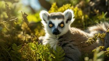 Foto av lemur i ther skog med blå himmel. generativ ai