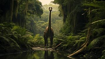 Foto av brachiosaurus rex i de djungel. generativ ai