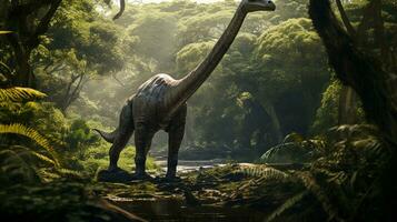 Foto av brachiosaurus rex i de djungel. generativ ai